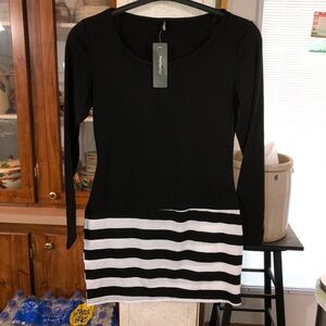 NWT FASHION MIA SIZE SMALL BLACK TOP WITH BLACK AND WHITE STRIPED BOTTOM.